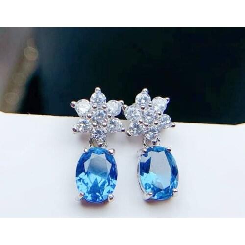 Natural real blue topaz flower drop earring 1.6ct*2pcs gemstone Per jewelry 925 sterling silver Fine jewelry T21493