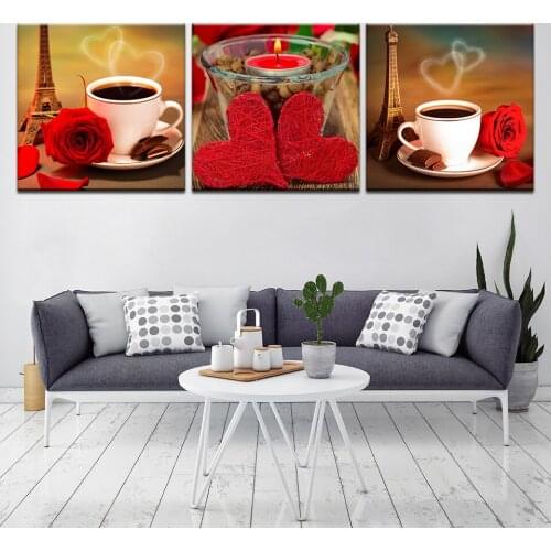 Red rose coffee love city view modern Modular 3 panel wall Poster Nordic Canvas painting for Living Room Home Decor