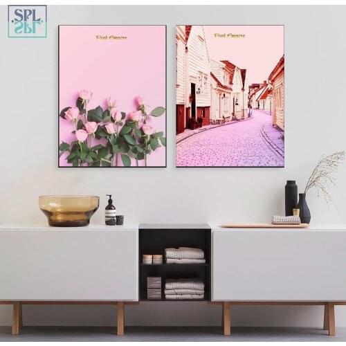 SPLSPL Nordic Style Landscape Cute Pink Building Decorative Canvas Art Print Poster and Painting Wall Picture Without Frame