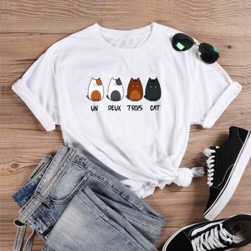 Colored Un deux trois cat cute T-Shirt 100% Cotton graphic funny grunge tumblr women quote casual Fashion hipster tshirt top tee