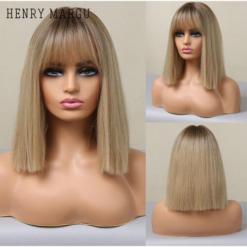 HENRY MARGU Short Cut Straight Bob Bob Wigs for Women Blonde White Ombre Natural Hair Wigs With BangsDailyWigs Heat Resistant