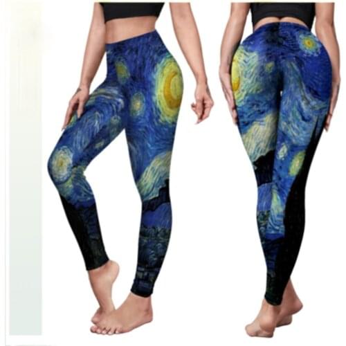 Woman Wide Belt Legging Oil painting Printed High Waist Casual Legging S-XL 4Style V80049-001