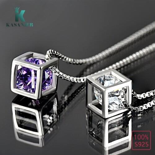 KASANIER Charms 925 Sterling Silver Necklace for Women Gemstones Amethyst Zircon Rubiks cube Pendant Fashion Clavicle Chain