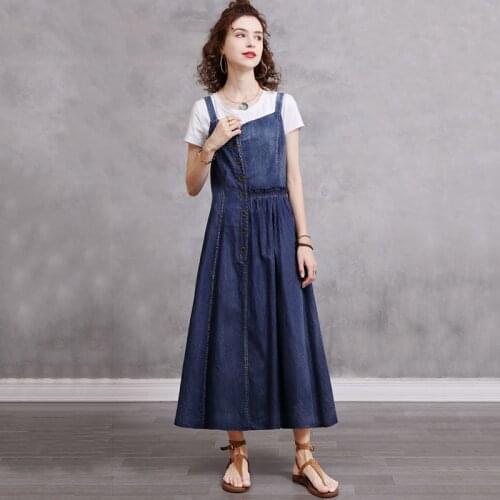 SeeBeautiful Vintage Stitching Loose A-line Strap Dress Sleeveless Single Breasted Simple Woman Summer 2021 New Fashion E695