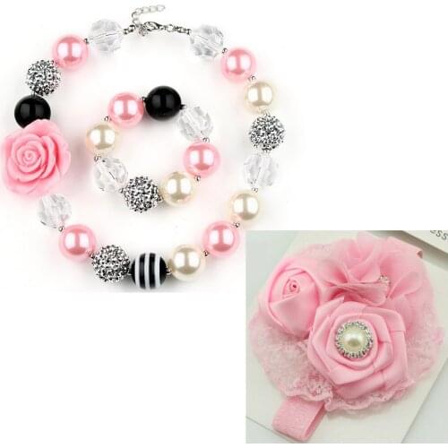 3pcs/set Necklace+Bracelet+Hairband Set Girls Love Pink Flower Chunky Beads Strand Bubblegum Necklace Kids Hairband Fancy Gifts