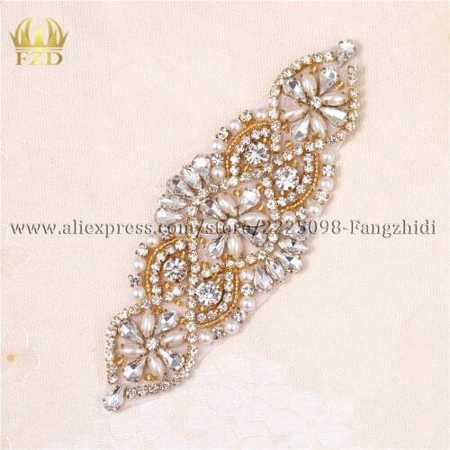 30pieces) Wholesale Handmade Hot Fix Sew On Beaded Bridal Gold Rhinestone Applique Wedding Sash and Belt