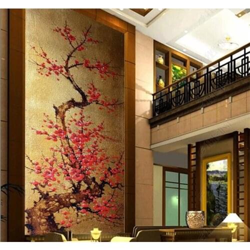 Large custom wallpapers Fresco gold foil plum blossom off the living room background wall papel de parede para quarto