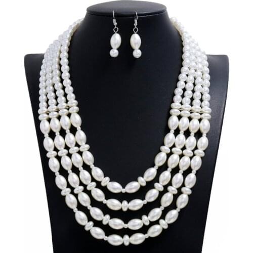 FYJS Unique Jewelry Sets Silver Plated Multi Layer Geometric Imitation Pearl Pendant Beads Chain Necklace Earrings