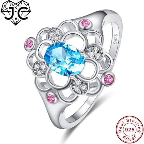 J.C Mystic Rainbow & Blue & Pink Topaz Amethyst 925 Sterling Silver Ring Size 6 7 8 9 For Women Elegant Flower Fine Jewelry