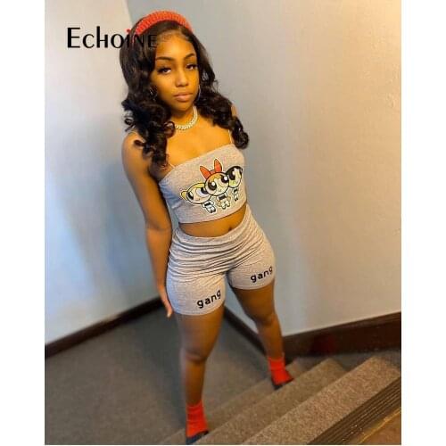 Echoine 2021 Women Fashion Cartoon print sling back two piece set Slash neck Crop Tops and Legging Pants Matching Slim Tracksuit