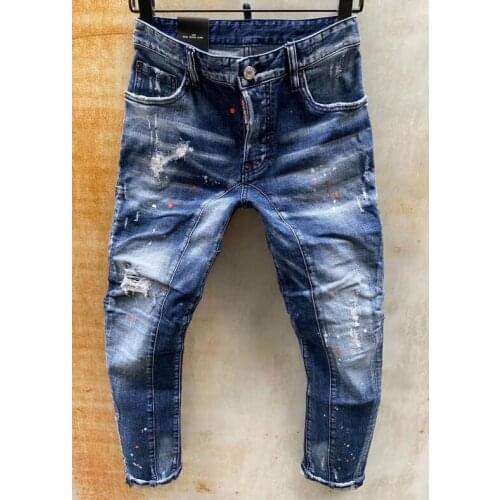 DSQUARED2 Mens DSQ2 Skinny Jeans Stretch Paint Ripped Hole Jeans Blue Stitching T109 Novelty
