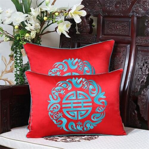 Soft Embroidery Cushion Cover Pure Color Chinese Style Waist Pillow Cover Red Dark Blue Throw Pillowcase Living Room Sofa Decor