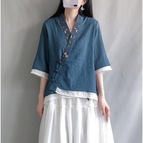 Chinese Style Clothing Women Linen Shirt Tops Vintage Retro Shirt Cardigan Coat Fairy Tang Suit Breathable Casual Hanfu 31220