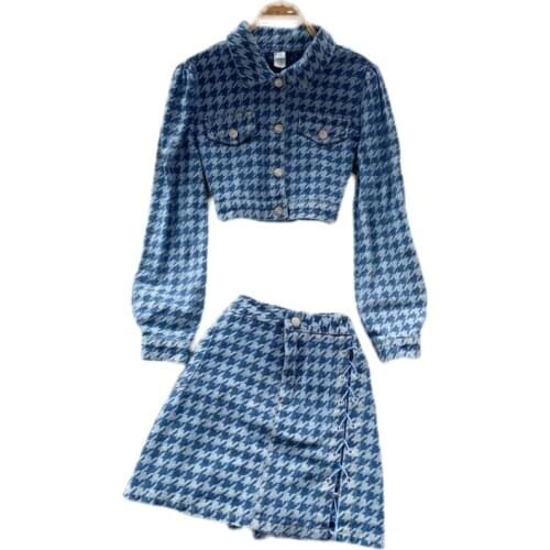 Autumn Houndstooth Retro Two-piece Womens Short Top Denim Jacket + Pleated High Waist Skirt Short Skirt Fashion Two-piece Set