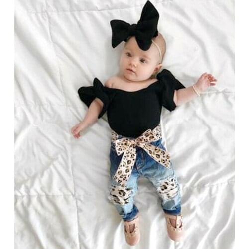 PUDCOCO 3PCS Kids Baby Girls Crop Tops Summer T-Shirt Leopard Ripped jeans Pants Outfits Support wholesale