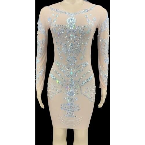 Sexy Nightclub Rhinestone Mesh Transparent Short Dress Women Dancer Bar Show Wear Birthday Prom Party Club Outfit Dress