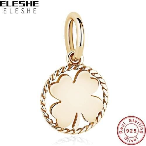 ELESHE 5PCS Wholesale S925 Sliver Four Leaf Clover Charm Gold Color Bead Fit Original Bracelet & Necklace DIY Fashion Jewelry