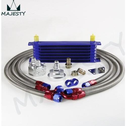 BLUE 7 ROW AN-10AN UNIVERSAL ENGINE TRANSMISSION OIL COOLER+SILVER FILTER RELOCATION KIT