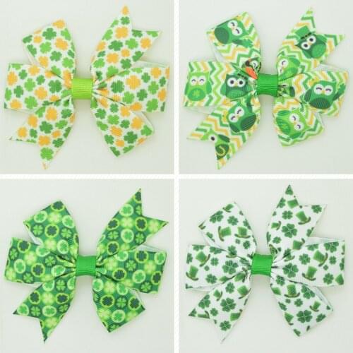 SUPWRF 3.1'' St. Patricks Day Clover bow Girls Hair Bow With Clip Boutique Printed Ribbon headwear diy wholesale 20 PCS T0929