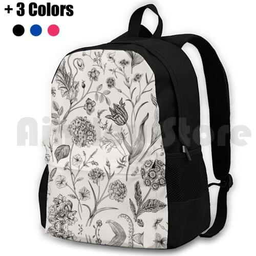 Vintage Black Beige Toile Garden Floral Pattern Outdoor Hiking Backpack Waterproof Camping Travel Pattern Botanical Black White