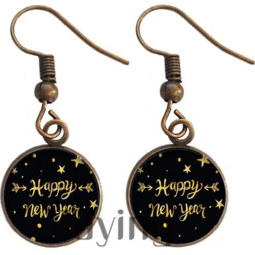 Zdying Happy New Year Dangle Earrings Glass Merry Christmas Image Cabochon Charm Earring Pendant Christmas Jewelry Gift SC59