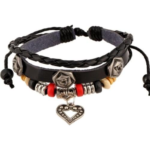 Fashion Heart Rose Beads Charm Women Bracelet Black Leather Alloy Love Retro Wrap Bangle Braided Wristbands Vintage Jewelry Gift