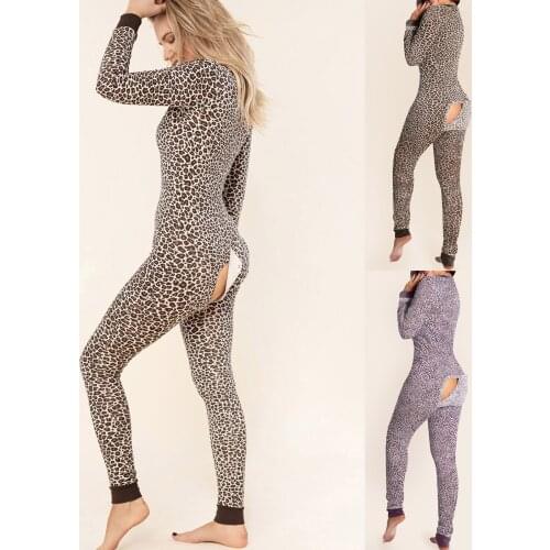 Womens Leopard Print Jumpsuit Button-Down Front Functional Buttoned Flap Adults Jumpsuit button playsuit Warm Overalls Pajama