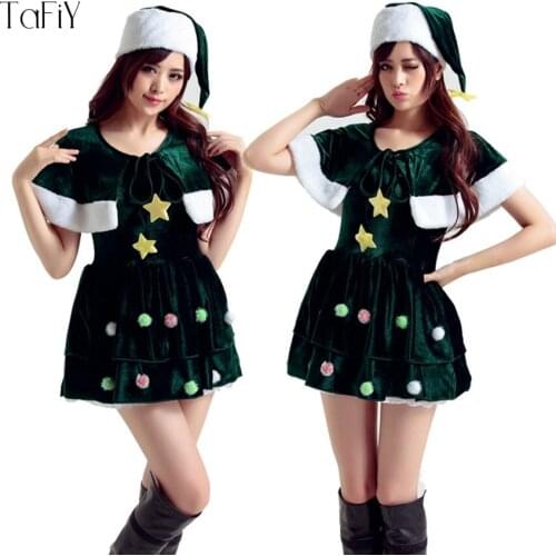 TaFiY 2 pcs Women Christmas Tree Green Dress Sexy Christmas Costumes For Adults Uniform Xmas Cosplay Costume One Size