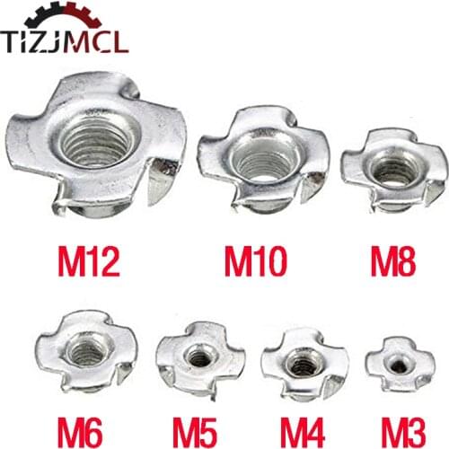 50pcs M3M4 M5 M6 M8 M10 M12 Zinc Plated Four Claws Nut Speaker Nut T-Nut For CNC Furniture Hardware Blind Pronged Inser Tee Nut