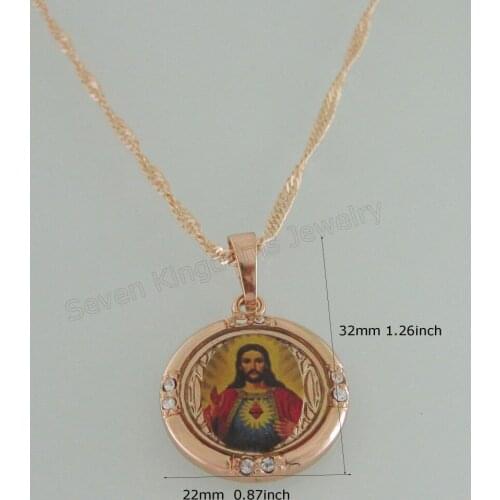 FoRomance Men Women YELLOW GOLD Plated 18" NECKLACE&JESUS IMAGE PHOTO CROSS GOD OIL DIPS HANGS 1.26" PENDANT /COLOR A LITTLE RED