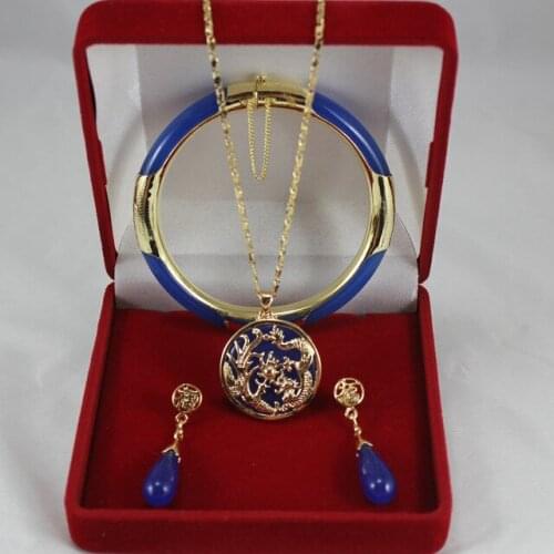 7.5' blue Jades bracelet, earings, and dragon inlay blue jades pendant jewelry for Christmas and valentines gift