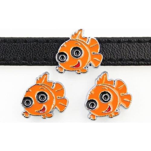 8mm Cute Goldfish Animal Slide Charms Flat Hole Enamel Beads Keeper Fit 8mm Stainless Steel Mesh Bracelets DIY Jewelry Making