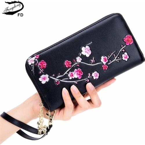 Fengdong womens wallets and purses smart anti rfid long wrist wallet leather purse girls phone wallet vintage flower card holder