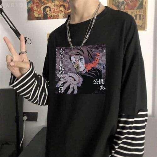 Japanese Anime Demon Slayer Fake Two Pieces T Shirts Male Harajuku Manga Funny Enmu Printed Summer Oversized Long Sleeve T-Shirt