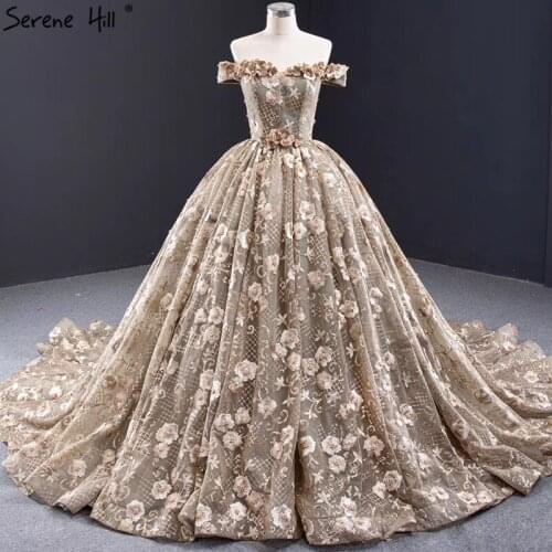 Khaki Off Shoulder Sexy Wedding Dresses 2020 Handmade Flowers Sequins Bridal Gowns Serene Hill HM67081 Custom Made