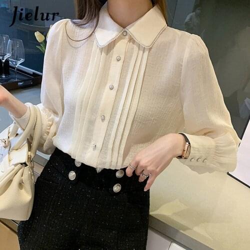 Jielur New Womens Blouses Chic Lantern Sleeve Turn-down Collar Shirt Ladies OL Elegant Tops Apricot Button Blusas Mujer S-XXL