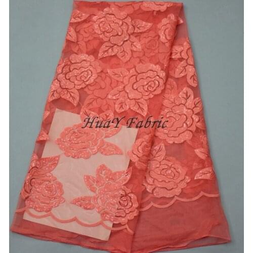 120CM Width Coral Color French tulle sequin lace fabric for party dresses DHL free shipping HY0124
