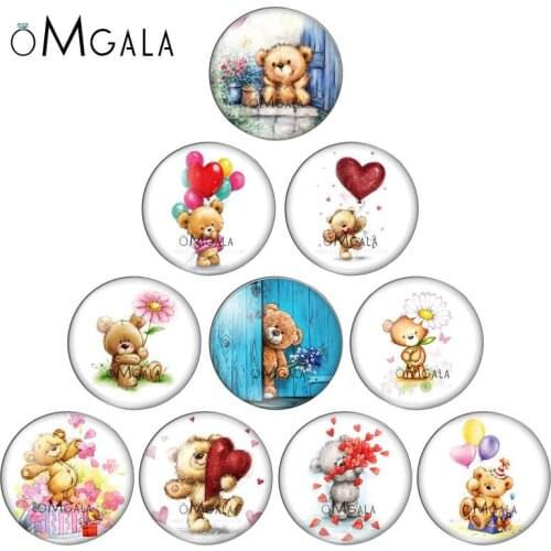 Cartoon Lovely Bear With Flowers 10pcs 12mm/14mm/16mm/18mm/20mm/25mm Round photo glass cabochon demo flat back Making findings