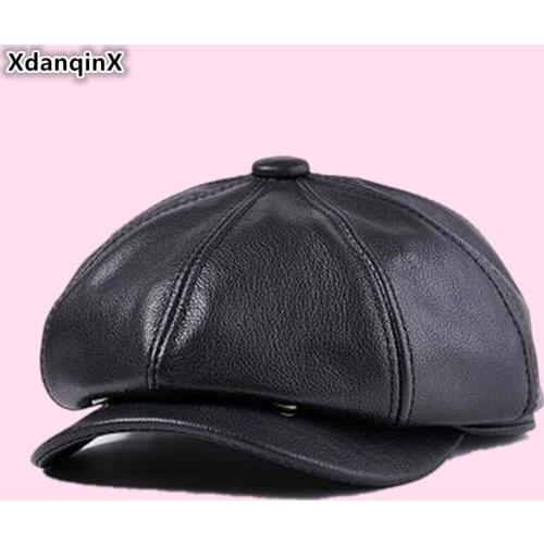 XdanqinX 2019 Autumn Middle-aged Warm Berets Hats Genuine Leather Hat Snapback Hat Mens Thick Thermal Bone Cowhide Womens Caps