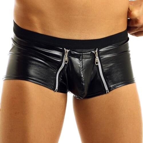 Men Open Crotch Underwear Black Sexy Fetish Gay Men Lingerie Faux Leather Zipper Pouch Boxer Underpants Panties Shorts Lingerie