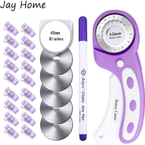 45mm Fabric Cutter Set Rotary Cutter with 5 Replacement Blades & Plastic Fabric Clips & Sewing Marking Pen Leather Sewing Tools