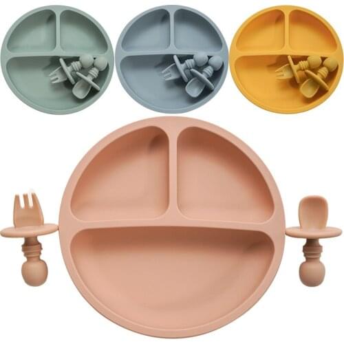 High Quality Solid Silicon Plate Set For Baby Kids Training Feeding Dinnerware Baby Learning Plate Set With Fork Spoon BPA Free