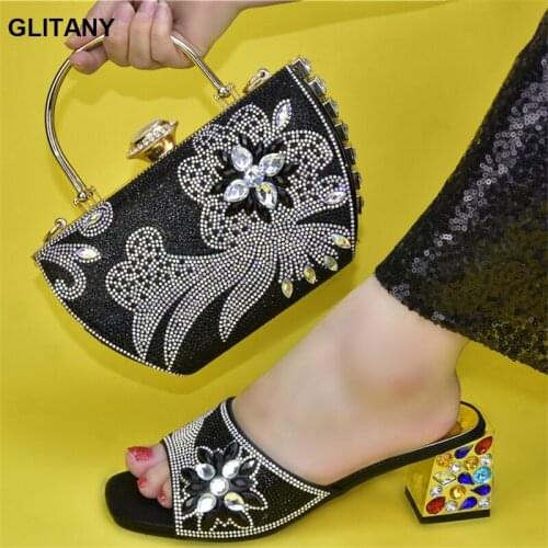 Latest Design Party Italian Shoe Bag Set Rhinestone Wedding Party Shoes Italian Shoes with Matching Bags for Wedding Italy PU