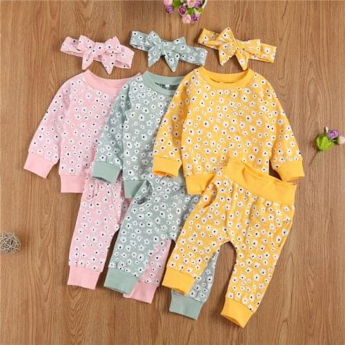 Baby Girls Clothes Autumn Set Long Sleeve Floral Print Sweatshirts Tops + Pants+Headband 3pcs Set Toddler Infant Girls Outfits