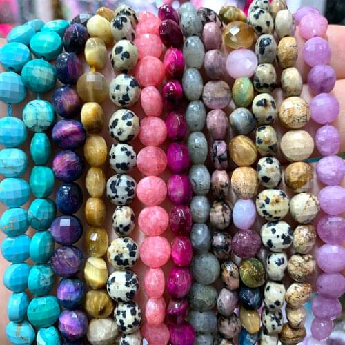 Wholesale Faceted Round Natural Stone Tiger Eye Rhodochrosite Jaspers Rondelle Spacer Beads For Jewelry Making DIY Bracelet 8MM