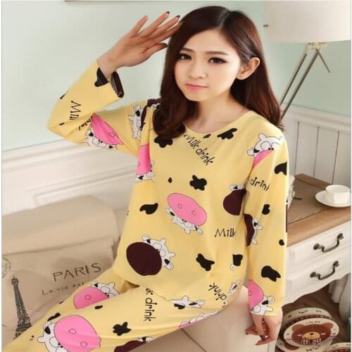 2020 Autumn Yellow Cartoon Cow Pajamas Set For Women Trousers Casual Sleepwear Kawaii Pijamas Long Sleeve Warm Woman Homewear
