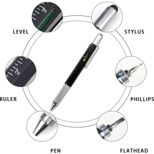 Gift Pen Tool Pen 6 in 1 Multitool Tech Tool Pen with Ruler, Levelgauge, Ballpoint Pen and Pen Refills, Unique Gifts for Men