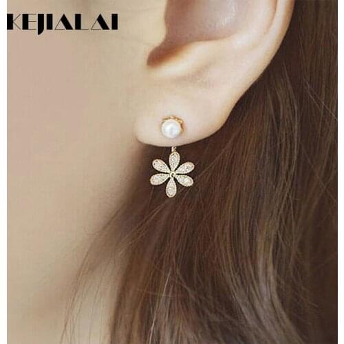 KEJIALAI Simple Cute Flower Drop Earrings Girls Crystal Metal Simulated Pearl Earrings Flower Fashion Jewelry Bijoux LY-B4031
