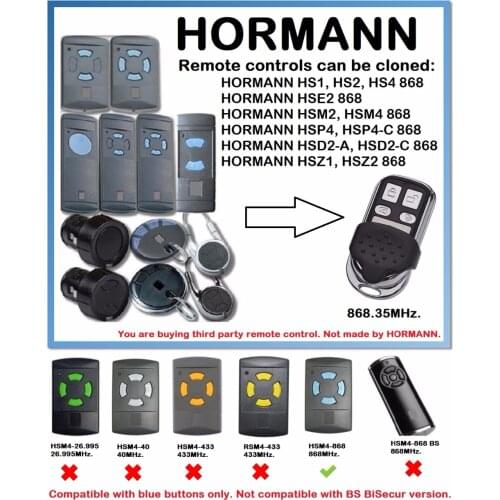 HORMANN HS1 HS2 HS4 868 MHZ Cloning Remote Control HORMAN HSM4 HSM2 Wireless 4 Keys Duplicator Gate control for Garage Gate Door