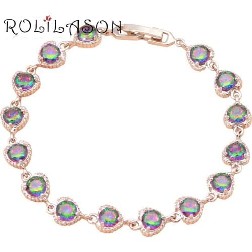 ROLILASON Trendy Heart style Rainbow zircon bracelet for women Excellent gifts High Quality Elegant Fashion jewelry TB745